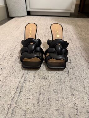 Coach Black Knotted Leather Slide Mules